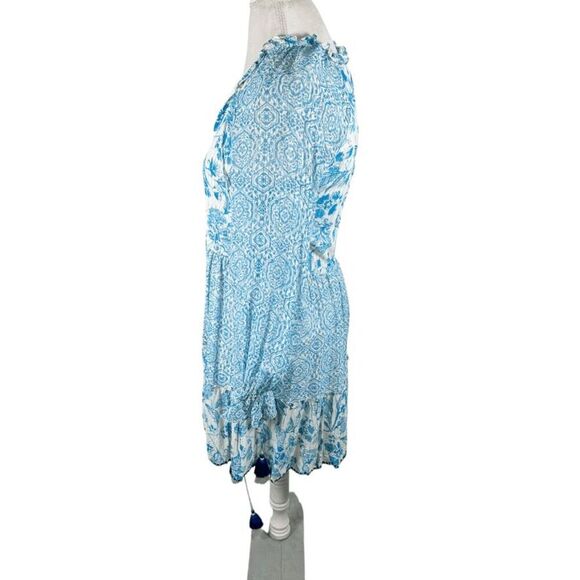 Hemant & Nandita Kaiyo Blue Floral Mini Dress Tassel Ties Boho Peasant Size XS - Picture 2 of 12